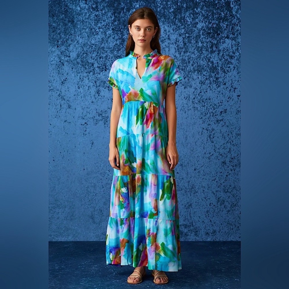 Marie Oliver Farah Maxi Dress M Watercolor Floral Silk Blend Tiered Flowy Blue